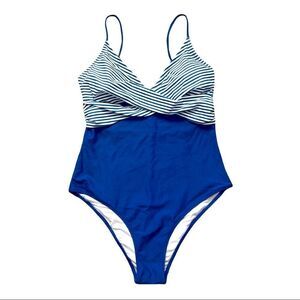 Crossover Blue White Stripe Upper & Plain Blue One Piece Swimsuit Sz Unknown